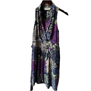 Sunner Silk Sleeveless Tropical Floral Ruffle Button Dress Navy Magenta Size 2